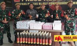 Satgas Pamtas Yonarhanud 8/MBC Amankan 1.586 Pcs Kosmetik dan 47 Botol Miras Ilegal